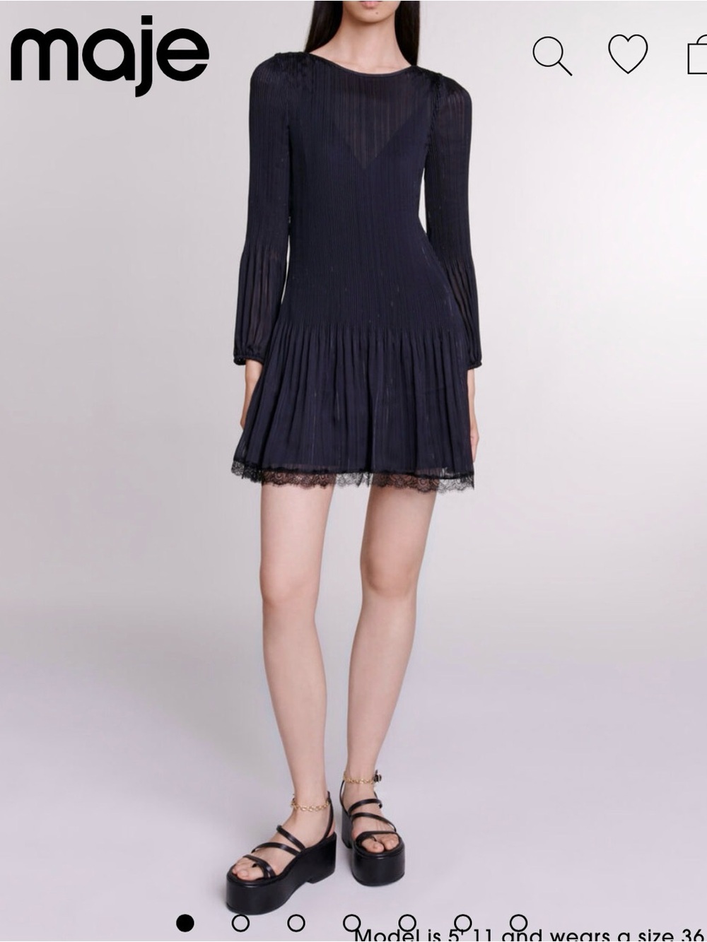 Maje Black Pleated Long-Sleeve Lace-Trim Mini Dress size 34/XS new with tags